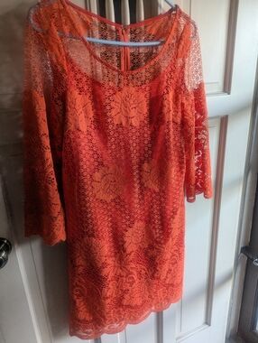 Kelly & Diane Tangerine Orange Lace Shift Dress - Women's Elegant Crochet Cover.